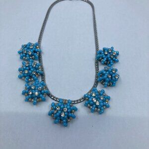 Vtg turquoise glass seeds beads rhinestone silver tone necklace